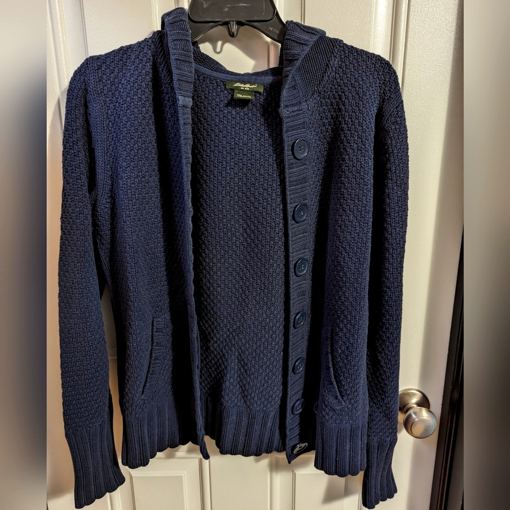 Eddie Bauer navy blue button up hooded sweater size medium